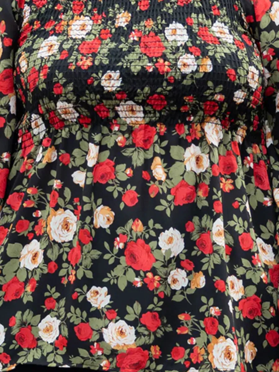 三个分类-Flower pattern pleated square neck lantern sleeve shirt