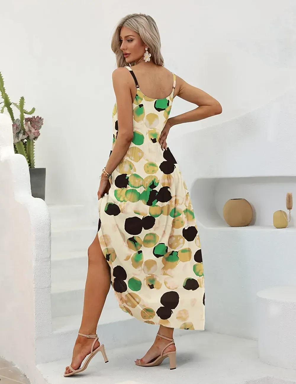 Summer Dresses for Women Casual Loose Bohemian Floral Dress with Pockets Spaghetti Strap Maxi Dress E75