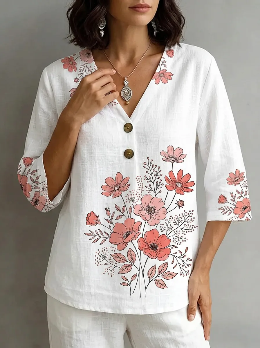 Women's Nashville Floral Botanical Printed V-Neck Top