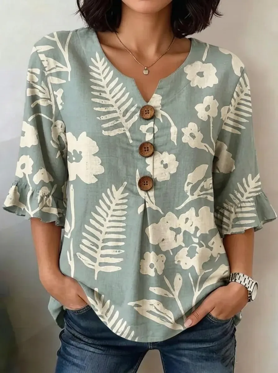 Women's Nashville Botanical Floral Fern Printed V-Neck Button Top