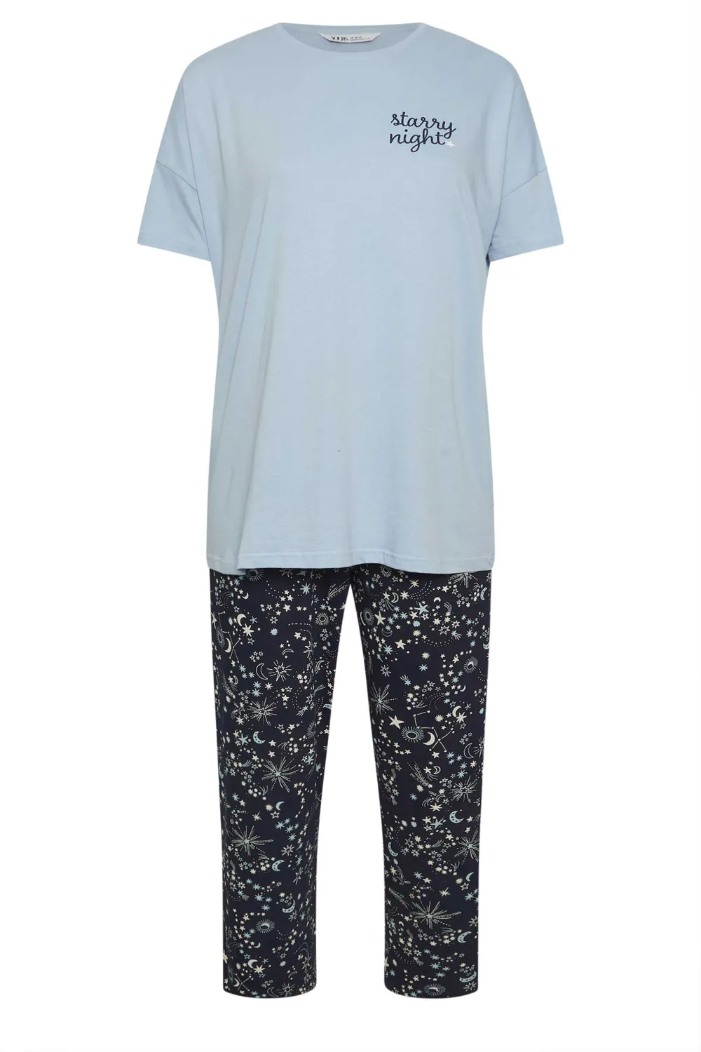 YOURS Curve Blue 'Starry Night' Star Print Wide Leg Pyjama Set