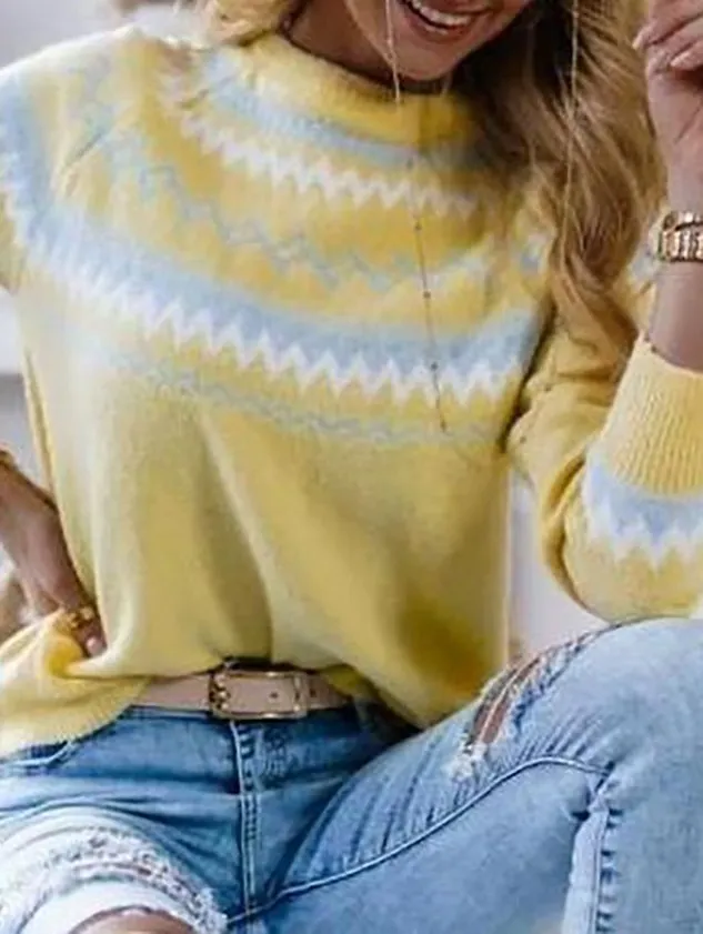 Yellow Striped Long Sleeve Round Neck Casual Sweater