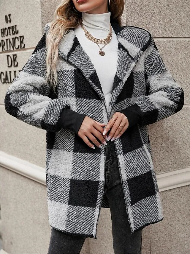 Women's Fleece Jacket Teddy Coat Hoodie Jacket Warm Breathable Street Daily Wear Vacation Going out Pocket Fleece Lined Open Front Hoodie Casual Street Style Stripes and Plaid Regular Fit Outerwear
