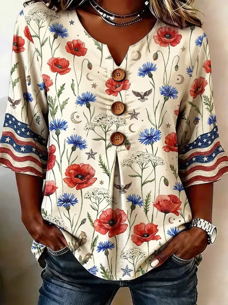 Women's Nashville Patriotic Floral Flag Printed Button Top