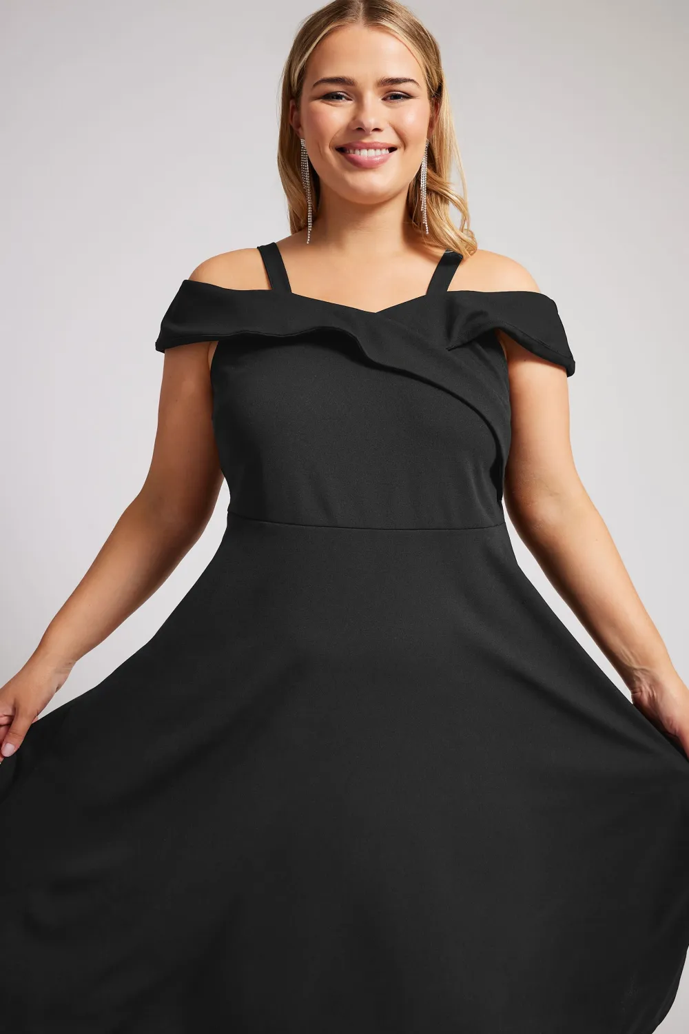 YOURS LONDON Curve Black Bardot Dipped Hem Dress