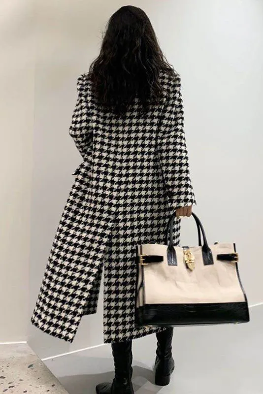 Classic Houndstooth Lapel Coat with Pockets