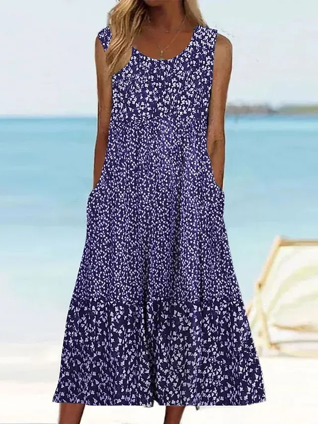 Women's Casual Dress Tank Dress Summer Dress Floral Print Crew Neck Midi Dress Active Fashion Daily Holiday Sleeveless Loose Fit Aqua Blue Cream Wine Summer Spring S M L XL XXL