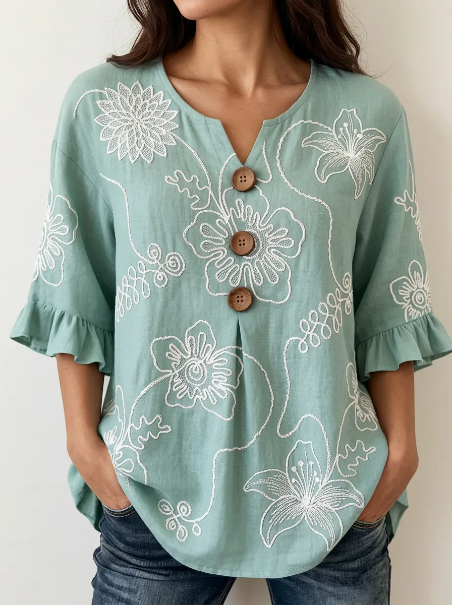 Women's Nashville Floral Embroidered Button-Down Ruffle Top
