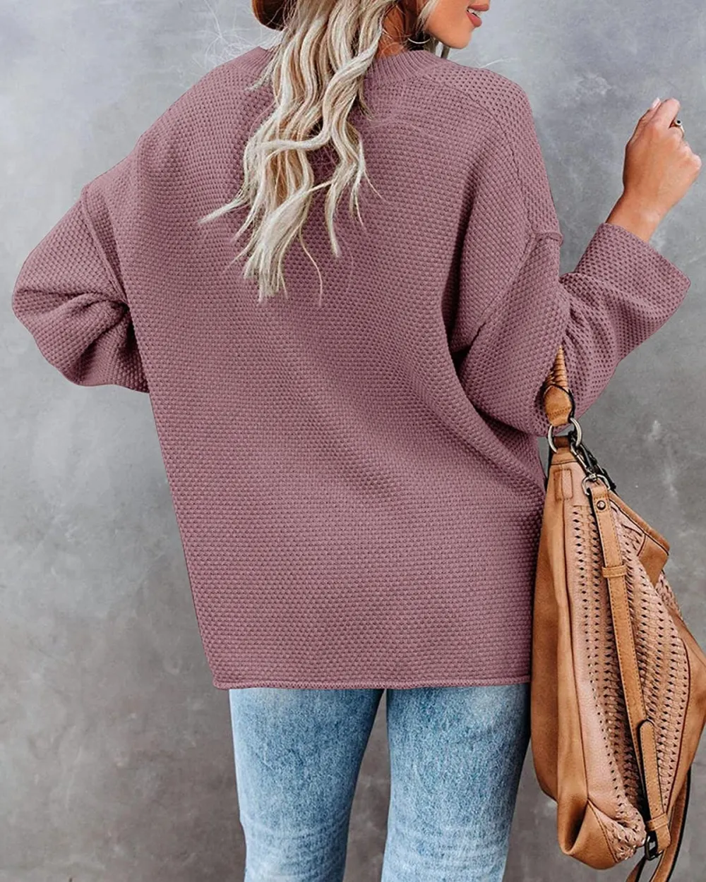 Women's Oversized Sweaters Batwing Long Sleeve Loose V Neck Button Henley Tops Pullover Knit Jumper