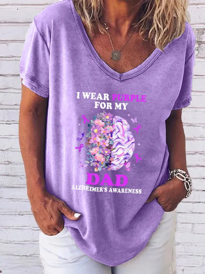 Women'S V-Neck Short-Sleeved T-Shirt I Wear Purple For My Dad Alzheimer'S Awareness Prints