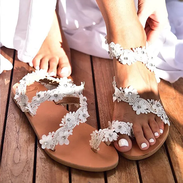 Women's Wedding Shoes Sandals Boho Bohemia Beach Flat Sandals Wedding Daily Beach Wedding Sandals Summer Rhinestone Lace Flower Flat Heel Open Toe Cute Classic Casual Lace Faux Leather Lace-up Loafer