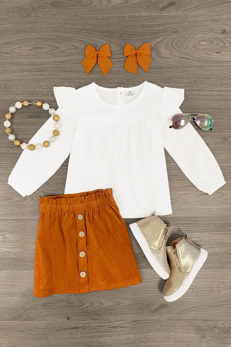 White & Rust Suede Skirt Set
