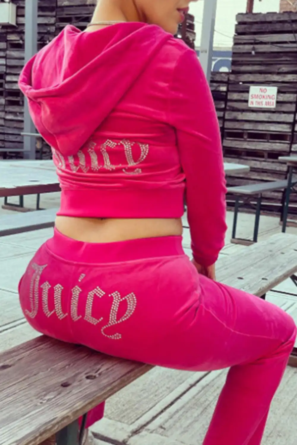 Velvet Hot Drilling Letter Graphic Hoodie Long Pants Set