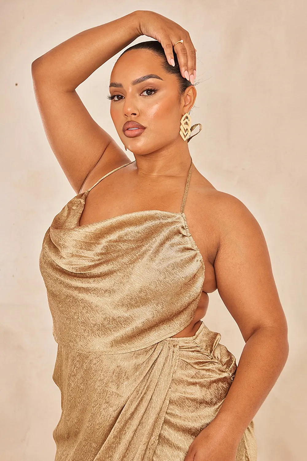 Plus Gold Satin Cowl Neck Maxi Dress