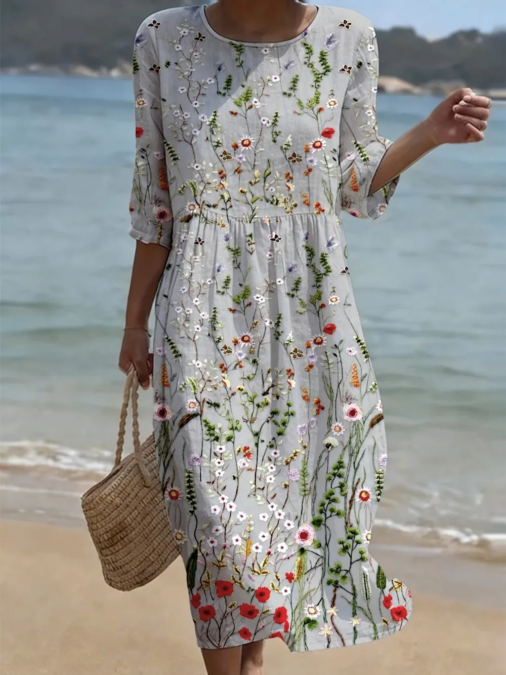 Women's Casual Solid Color Round Neck Mid-Sleeve Floral Print Cotton Linen Dress