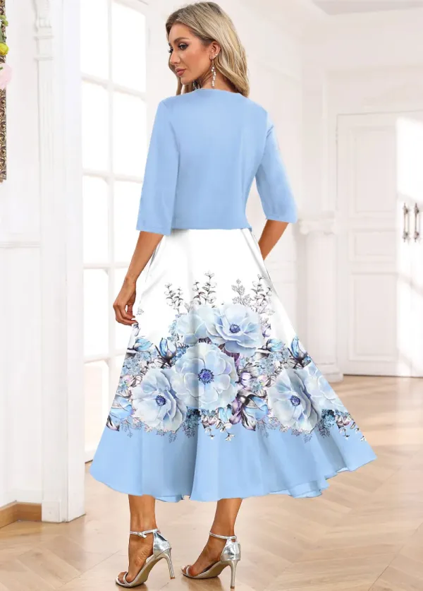 Light Blue Two Piece Floral Print Dress and Cardigan
