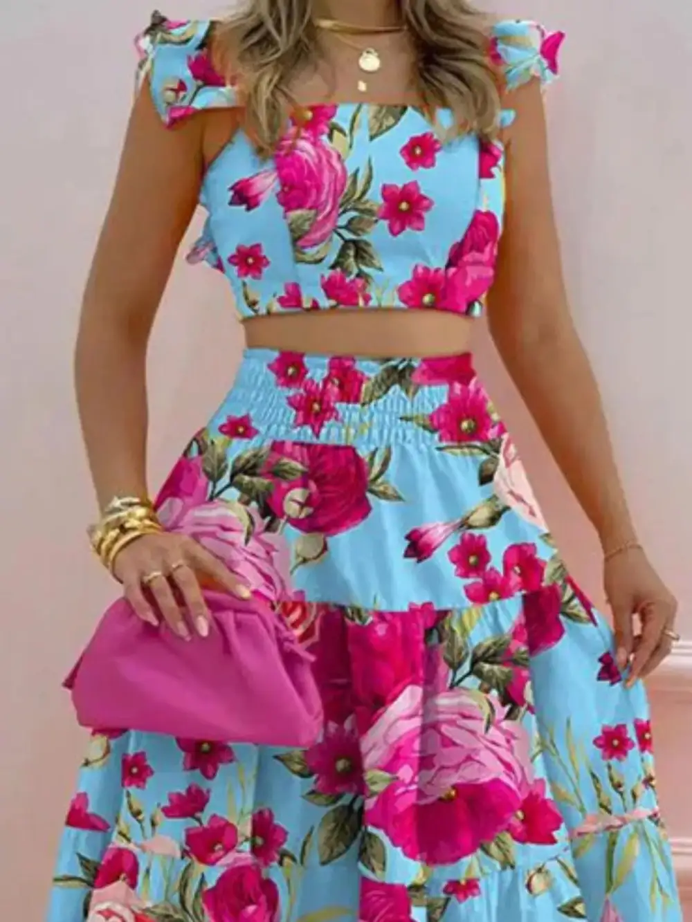Crop Top Tiered Maxi Skirt Set
