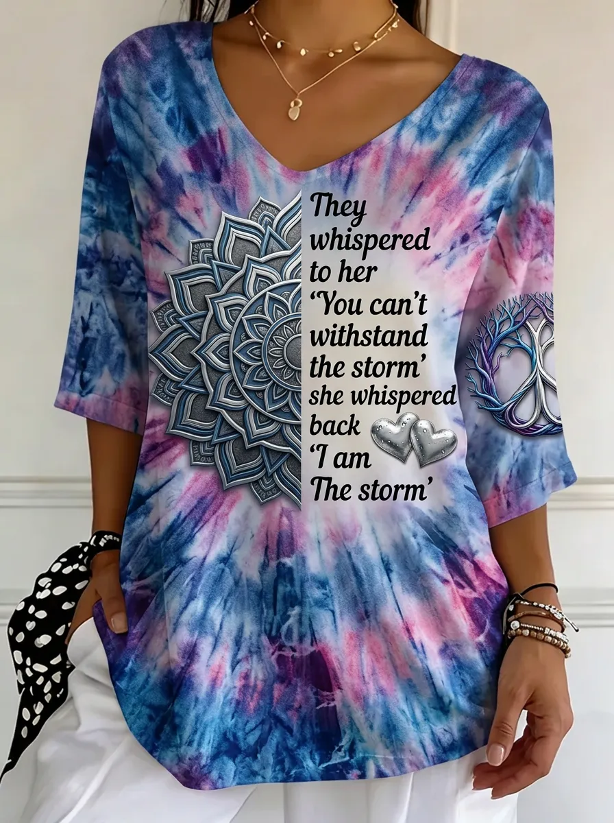 Women's Inspirational Quote Mandala Tree Printed Tie-Dye T-shirt
