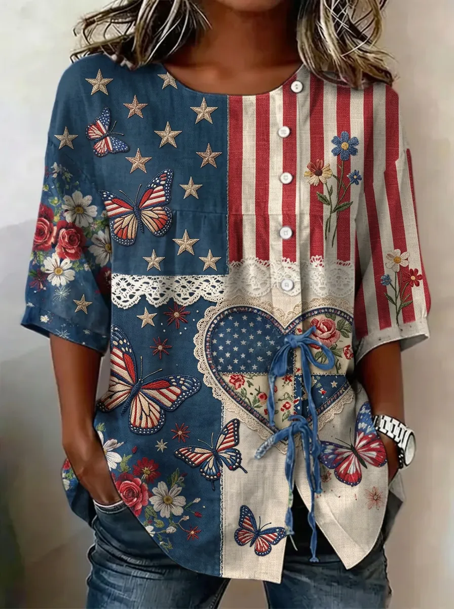 Women's Nashville Patriotic Butterfly Floral Printed Button-up Shirt