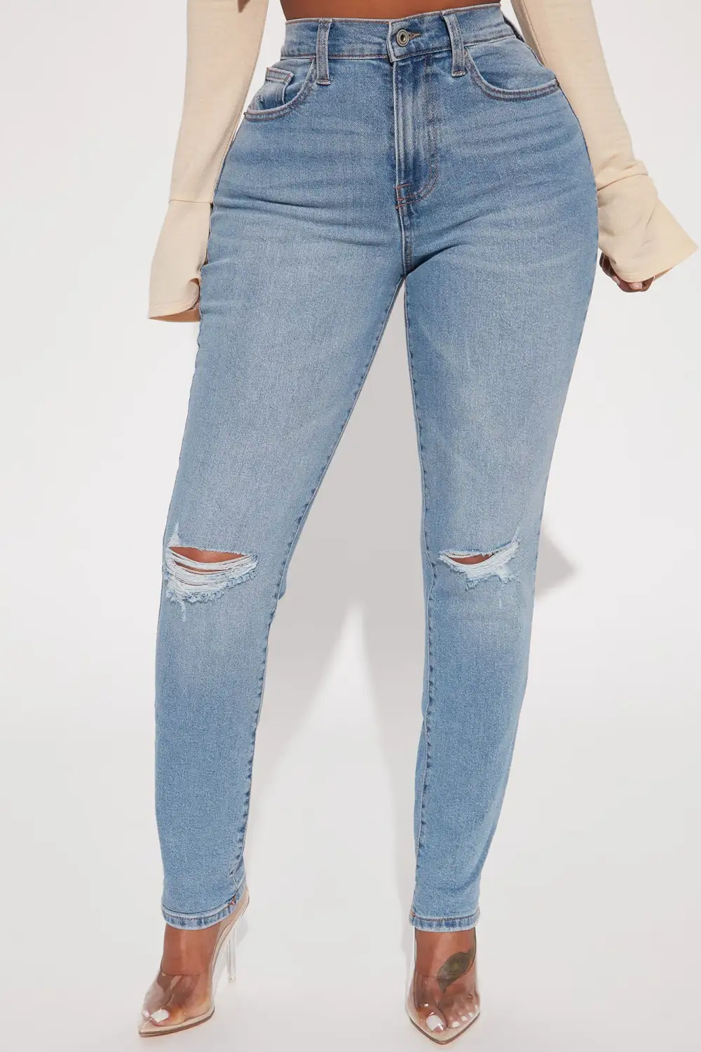 Daily Double Low Stretch Ripped Mom Jeans - Medium Blue Wash