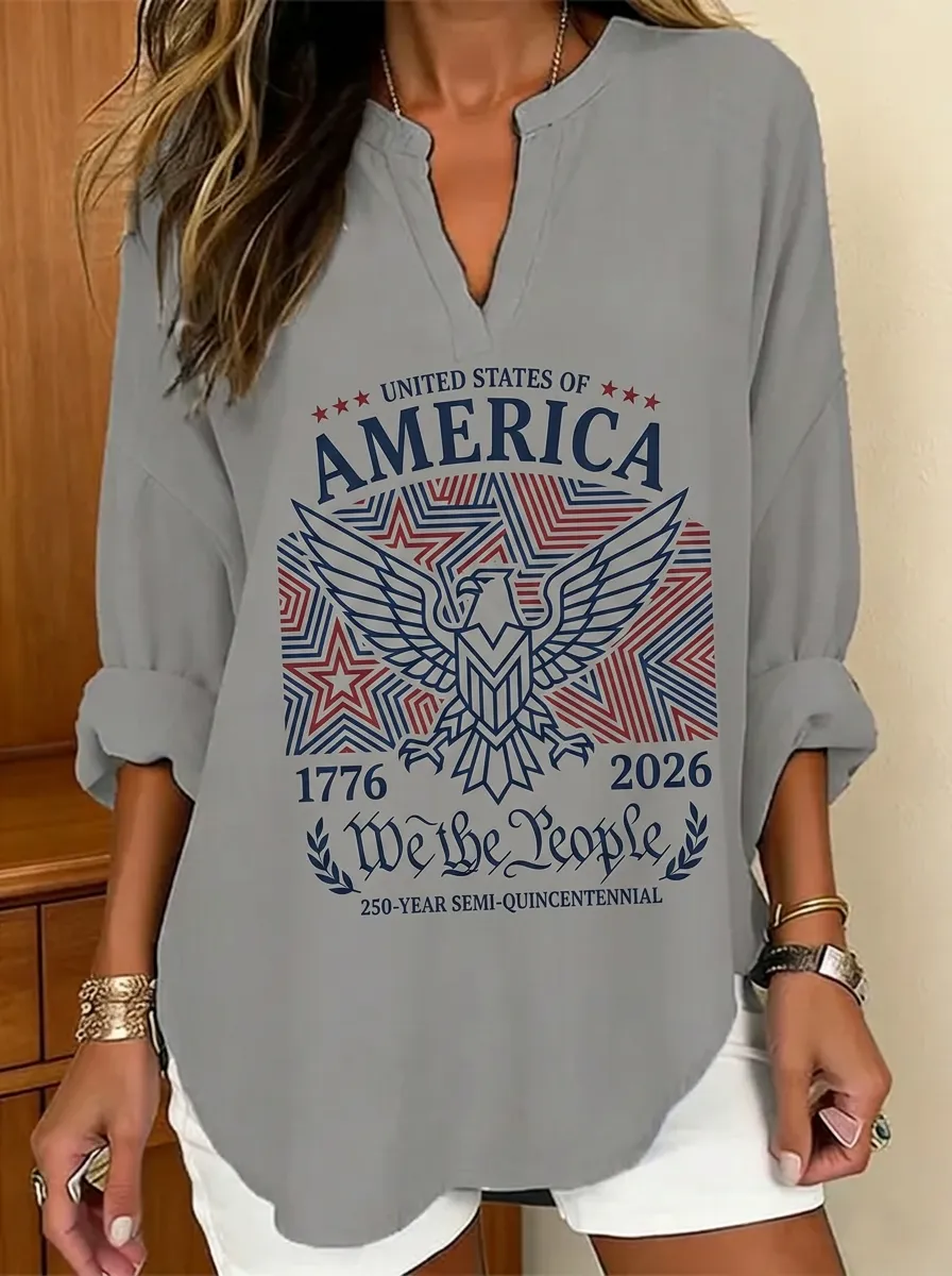 Women's USA Patriotic Eagle We The People Printed V-neck Top