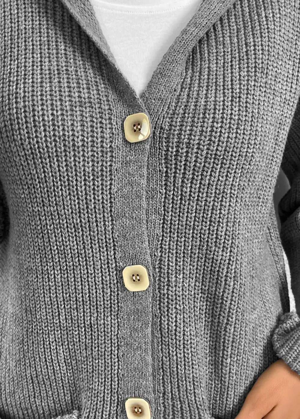 Grey Button Long Sleeve V Neck Cardigan