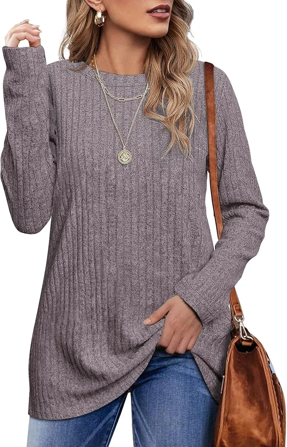 OFEEFAN Long Sleeve Shirts for Women Lightweight Crew Neck Casual Tunic Tops
