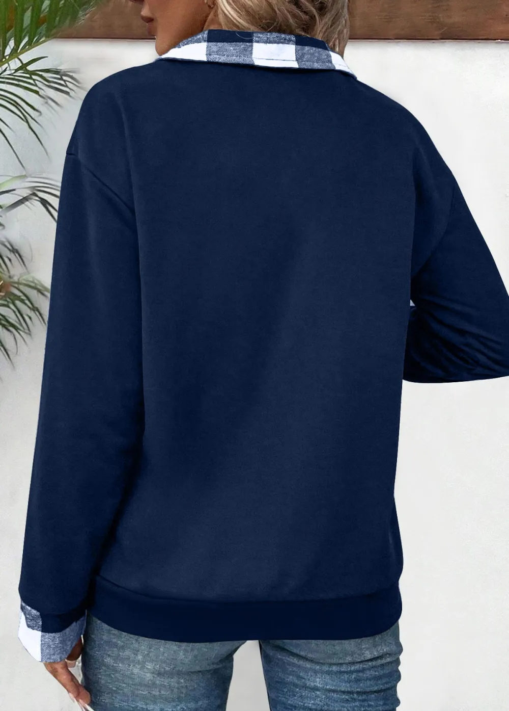 Navy Patchwork Plaid Long Sleeve Turn Down Collar Sweatshirt