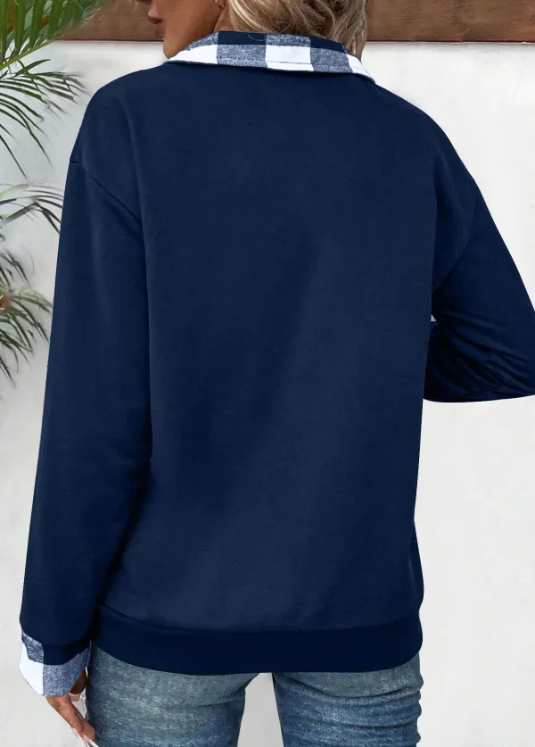 Navy Patchwork Plaid Long Sleeve Turn Down Collar Sweatshirt