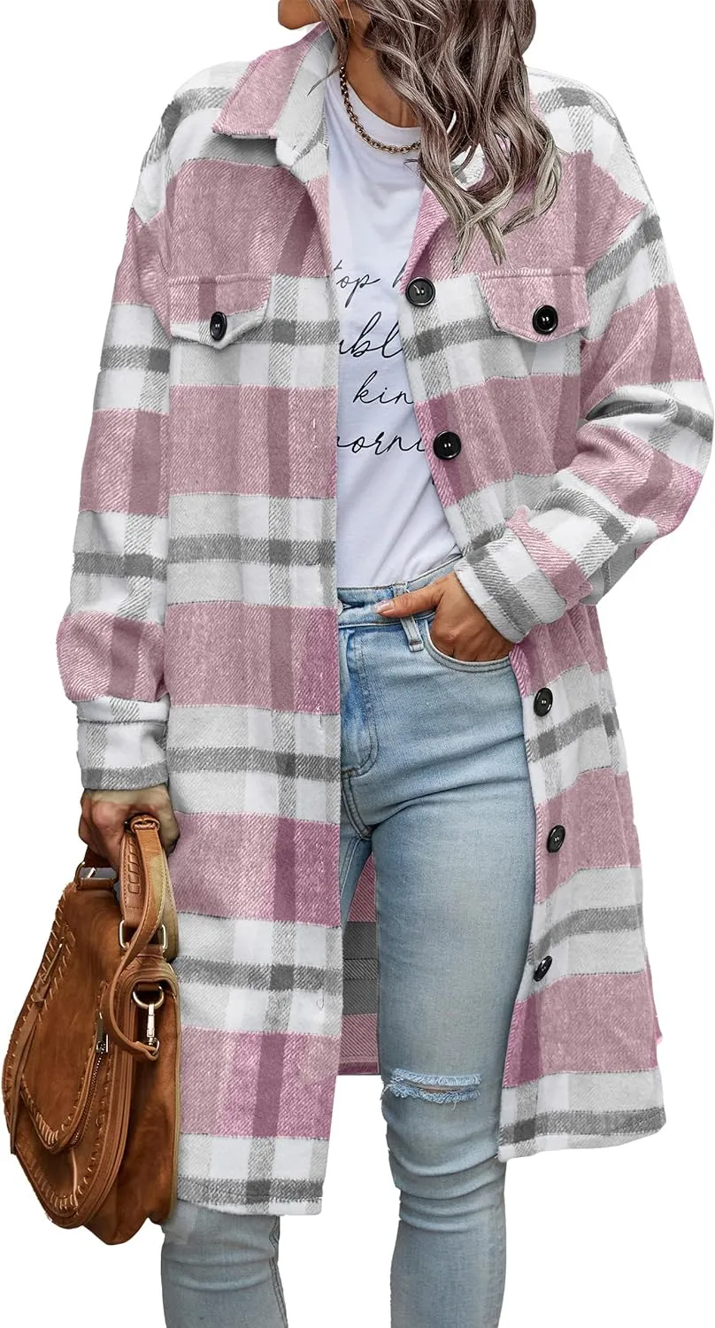 Women's Plaid Shacket 2023 Long Sleeve Button Up Flannel Shirt Winter Tartan Jacket Woolen Coats