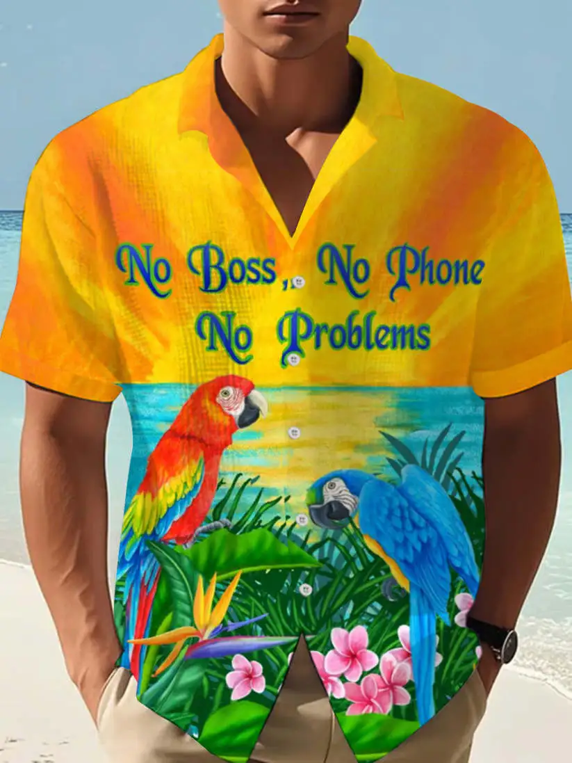 Men's I'm Retired No Boss No Phone No Problems Parrot Print Casual Waffle Shirt上报