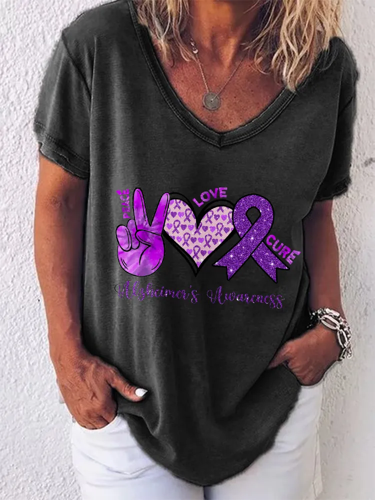 Women'S V-Neck Short-Sleeved T-Shirt Peace Love Cure Alzheimer'S Awareness Prints