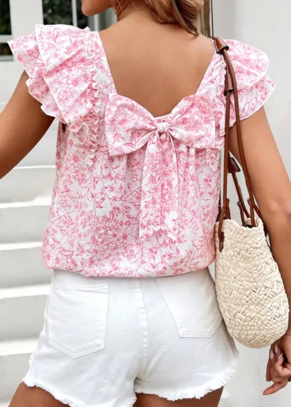 Pink Floral Print Short Sleeve Square Neck T Shirt