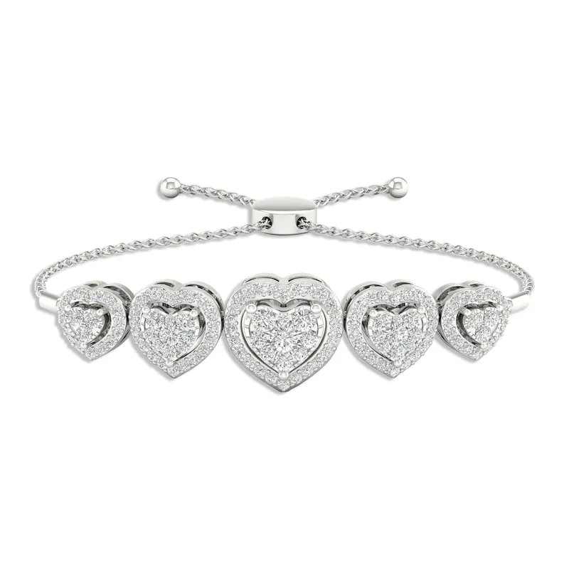 Multi-Diamond Five Heart Bolo Bracelet 1/2 ct tw Round-cut 10K White Gold