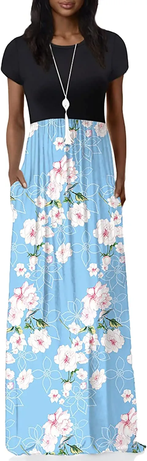 Women's Short Sleeve Loose Plain Maxi Dresses Casual Long Dresses with Pockets