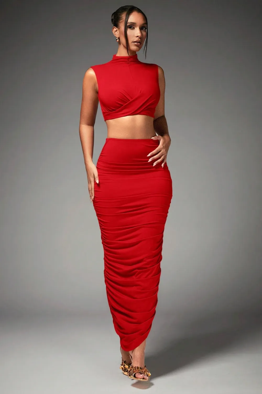 BAE Women's Mock Neck Pleated Crop Top And Skirt Set