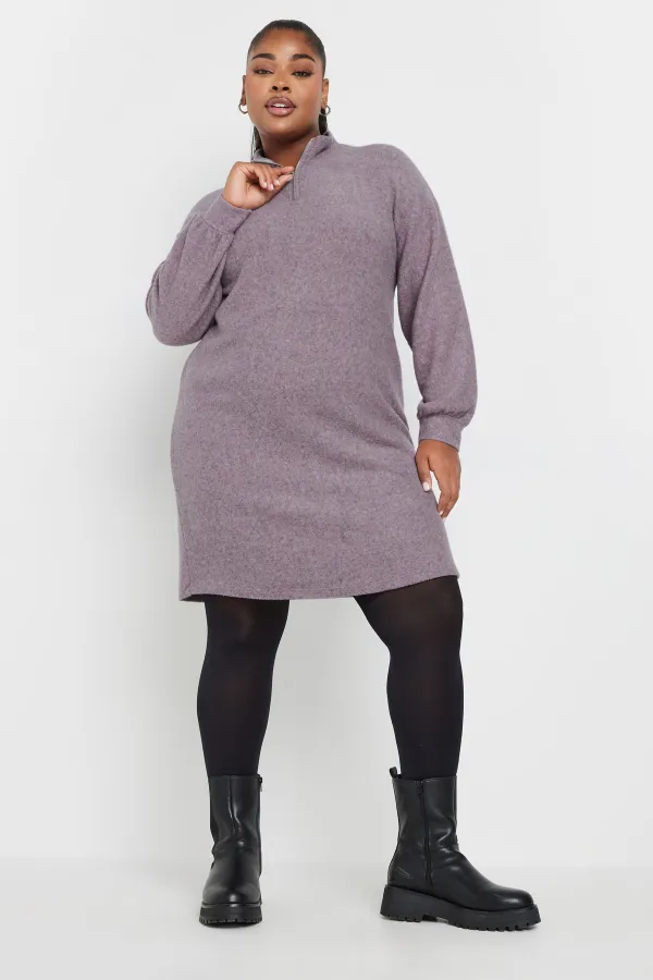 YOURS Curve Purple Zip Neck Soft Touch Jumper Dress
