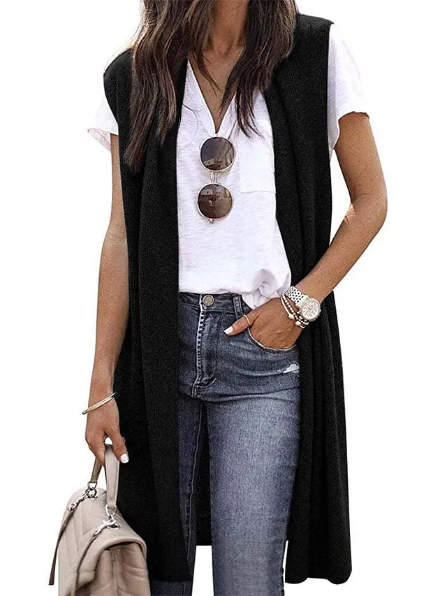 Women's Cardigan Knitted Solid Color Basic Casual Sleeveless Regular Fit  Cardigans Open Front Spring Summer Red Wine Dark Blue Orange / Going out