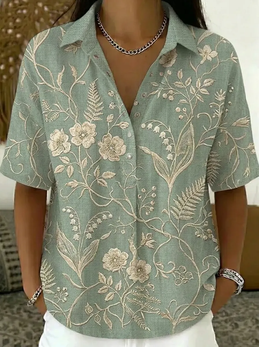 Women's Nashville Floral Botanical Printed V-Neck Shirt