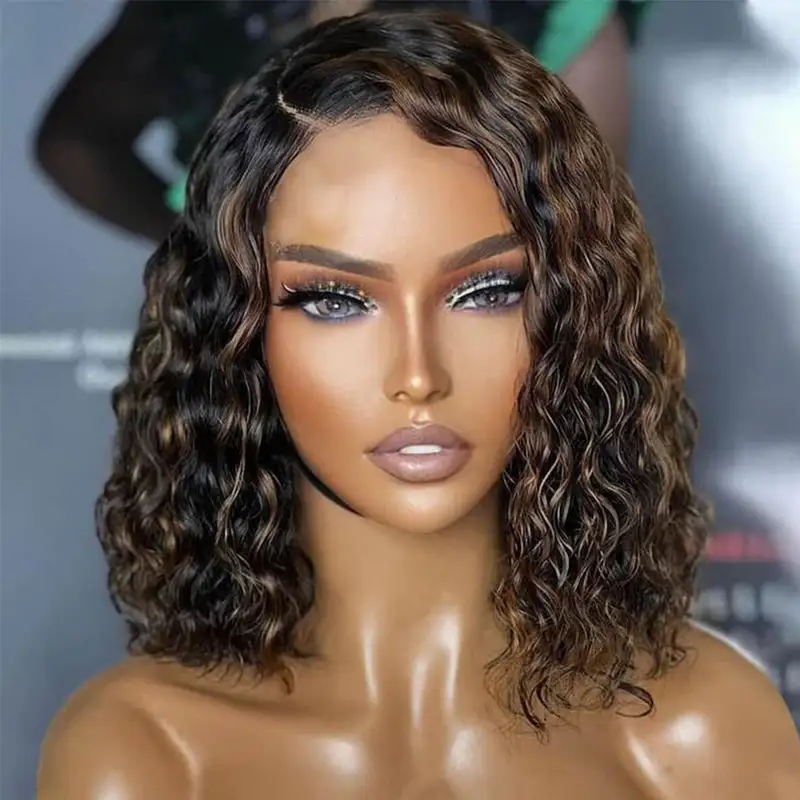 Glueless Wear & Go Water Wave Bob Wig Casual Blonde Highlights Glueless Wig Pre Bleached Human Hair Wig