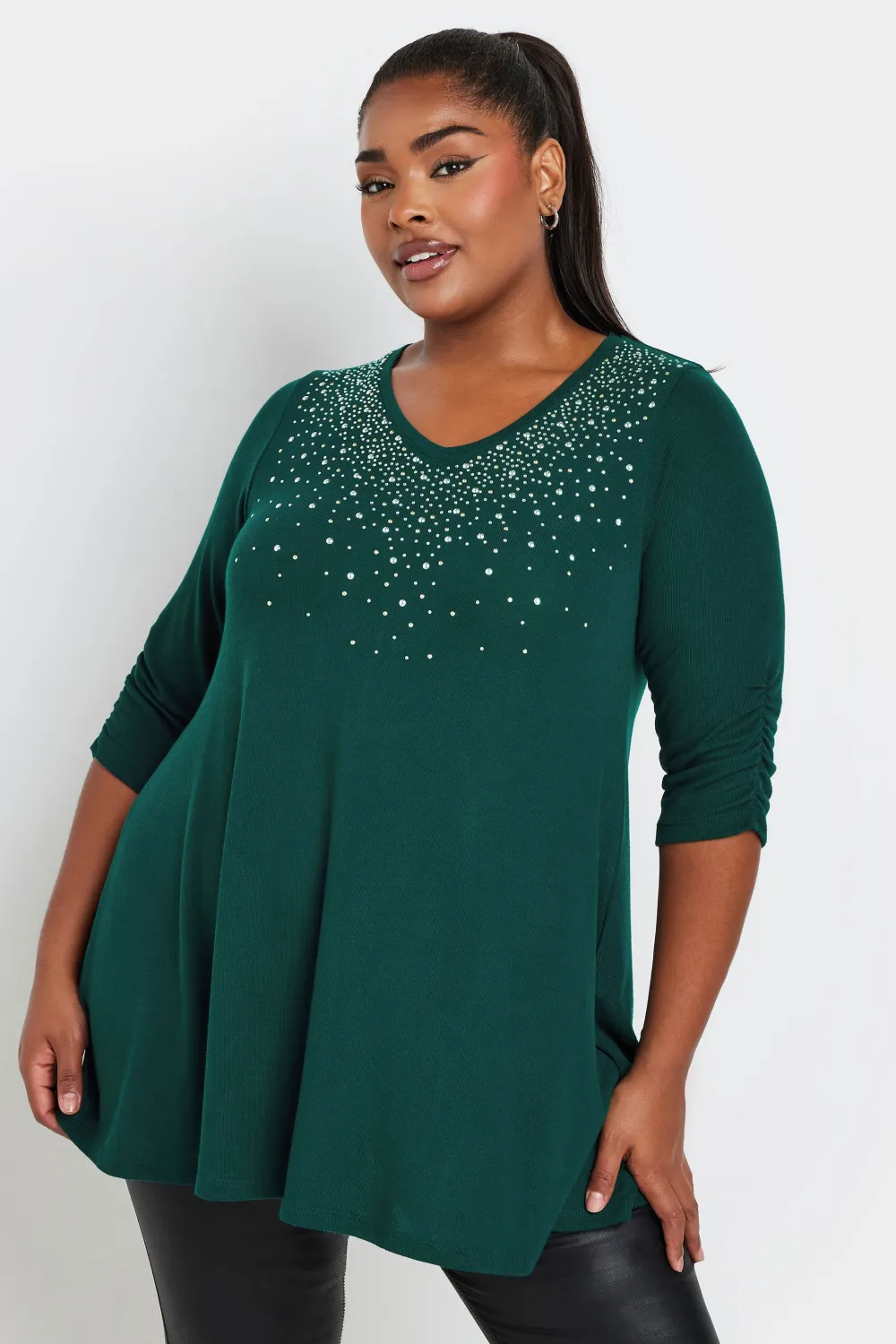 YOURS Curve Forest Green Diamante Stud Swing Top