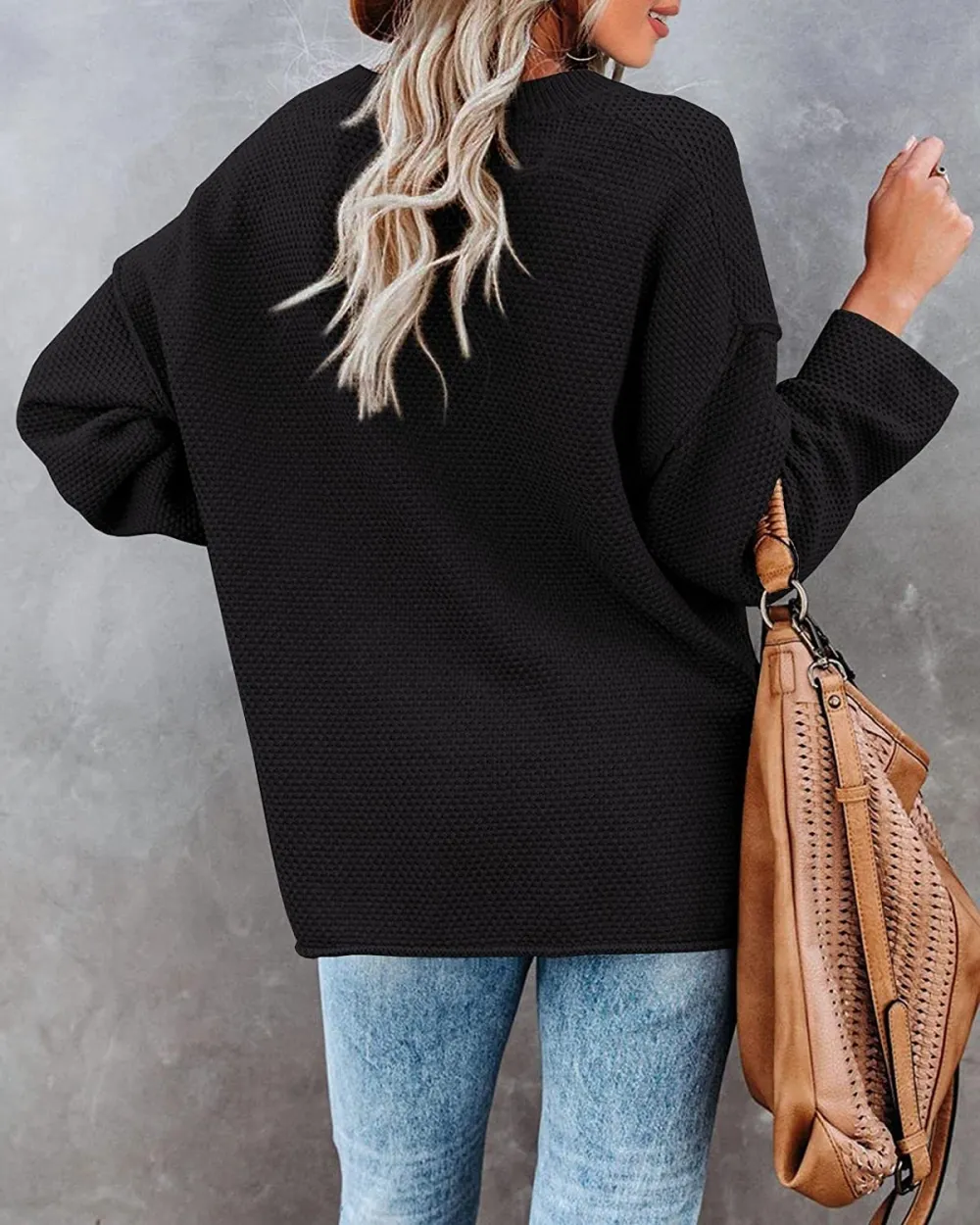 Women's Oversized Sweaters Batwing Long Sleeve Loose V Neck Button Henley Tops Pullover Knit Jumper