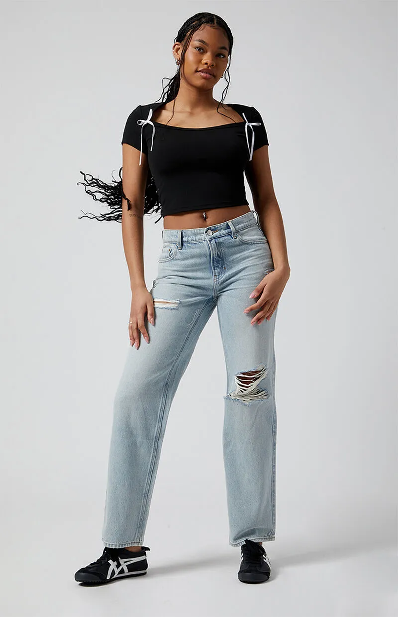PacSun Jordyn Ripped Low Rise Straight Leg Jeans Light Indigo