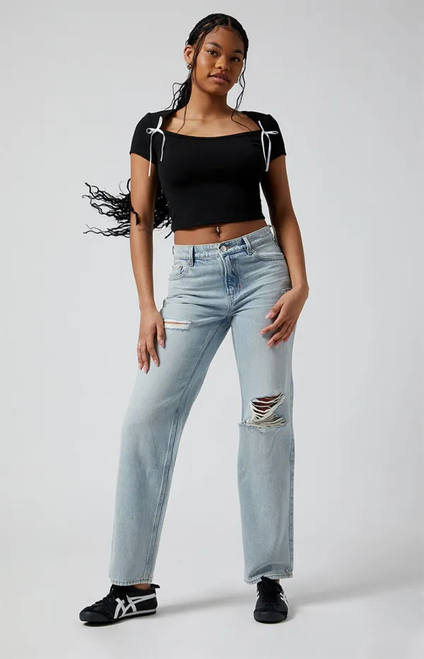 PacSun Jordyn Ripped Low Rise Straight Leg Jeans Light Indigo