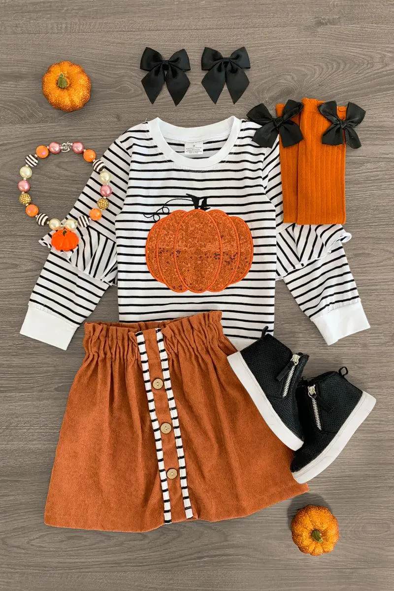 Rust Striped Sequin Pumpkin Skirt Set
