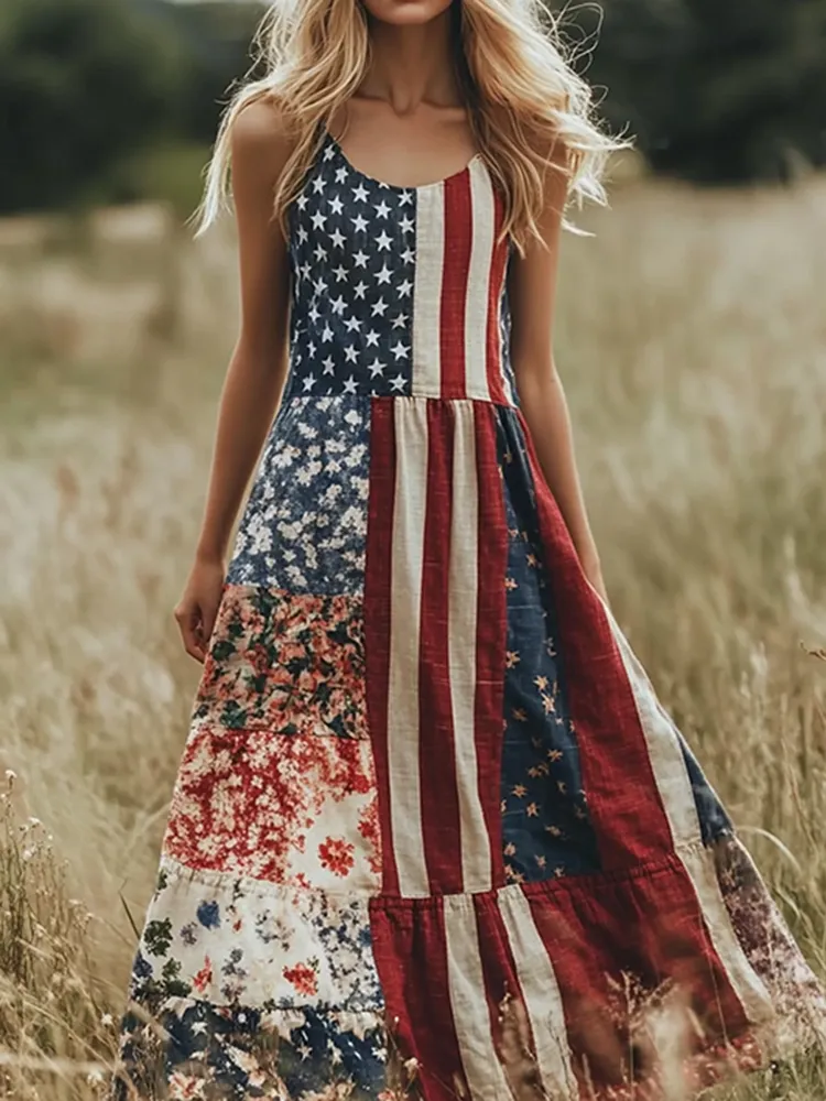Vintage Independence Day Floral Patchwork Art Linen Tank Dress
