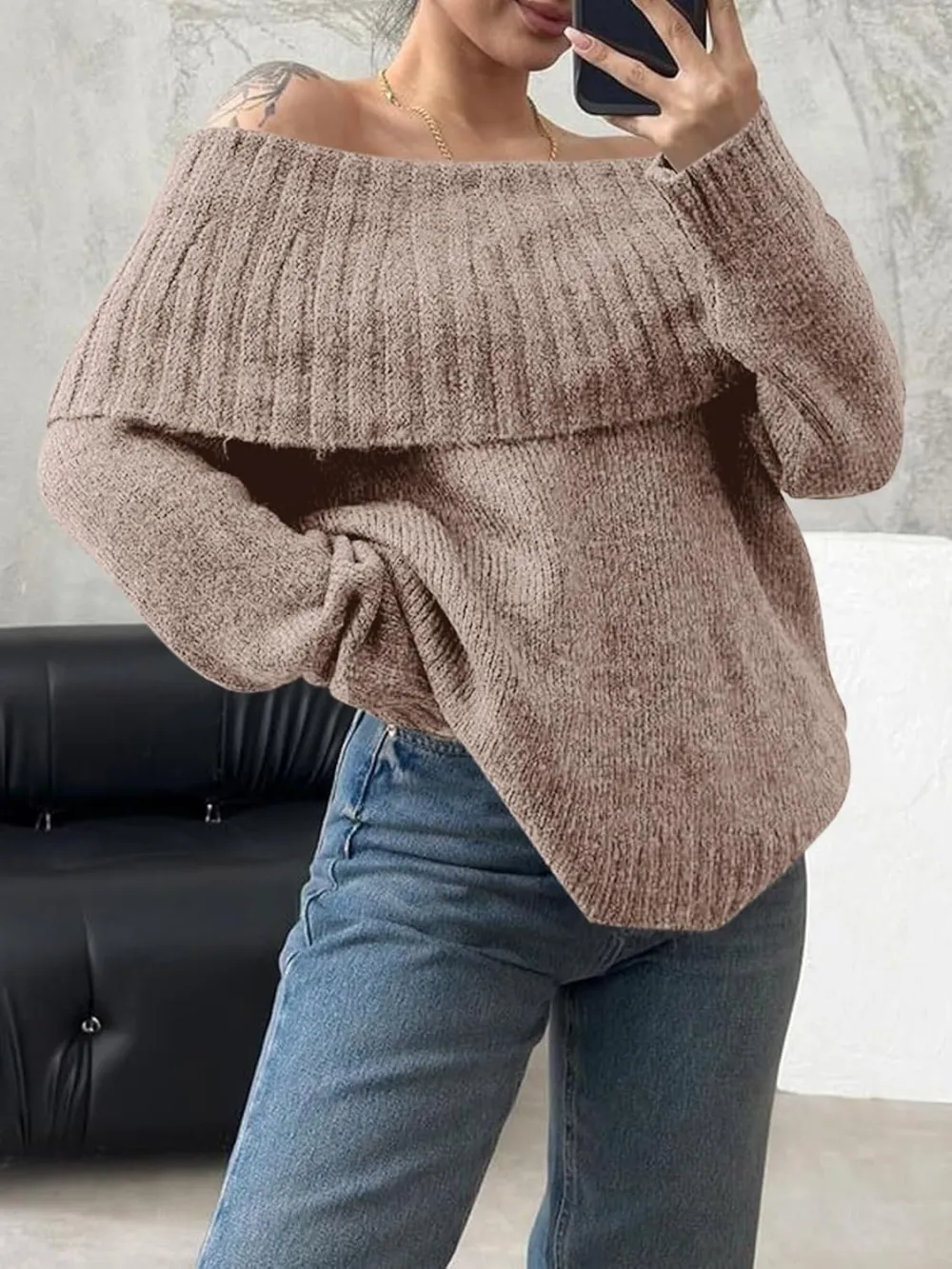 🎄Hot Sale Off The Shoulder Sweaters Long Sleeve Slouchy Knitted Casual Loose Fall Trendy Pullover Tops