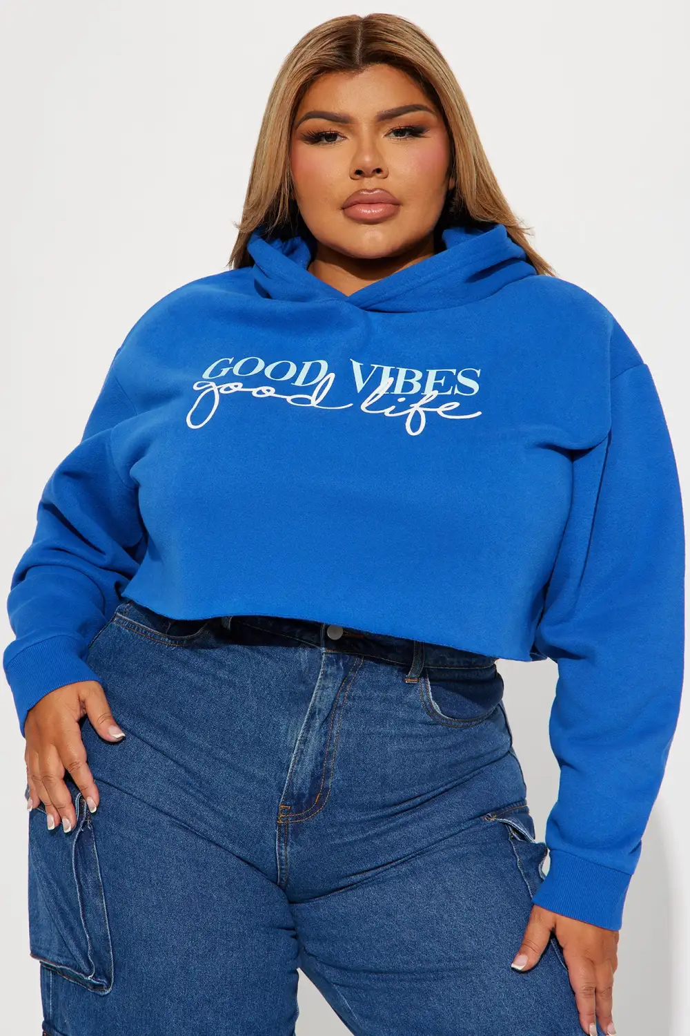 Good Vibes Good Life Crop Hoodie - Blue