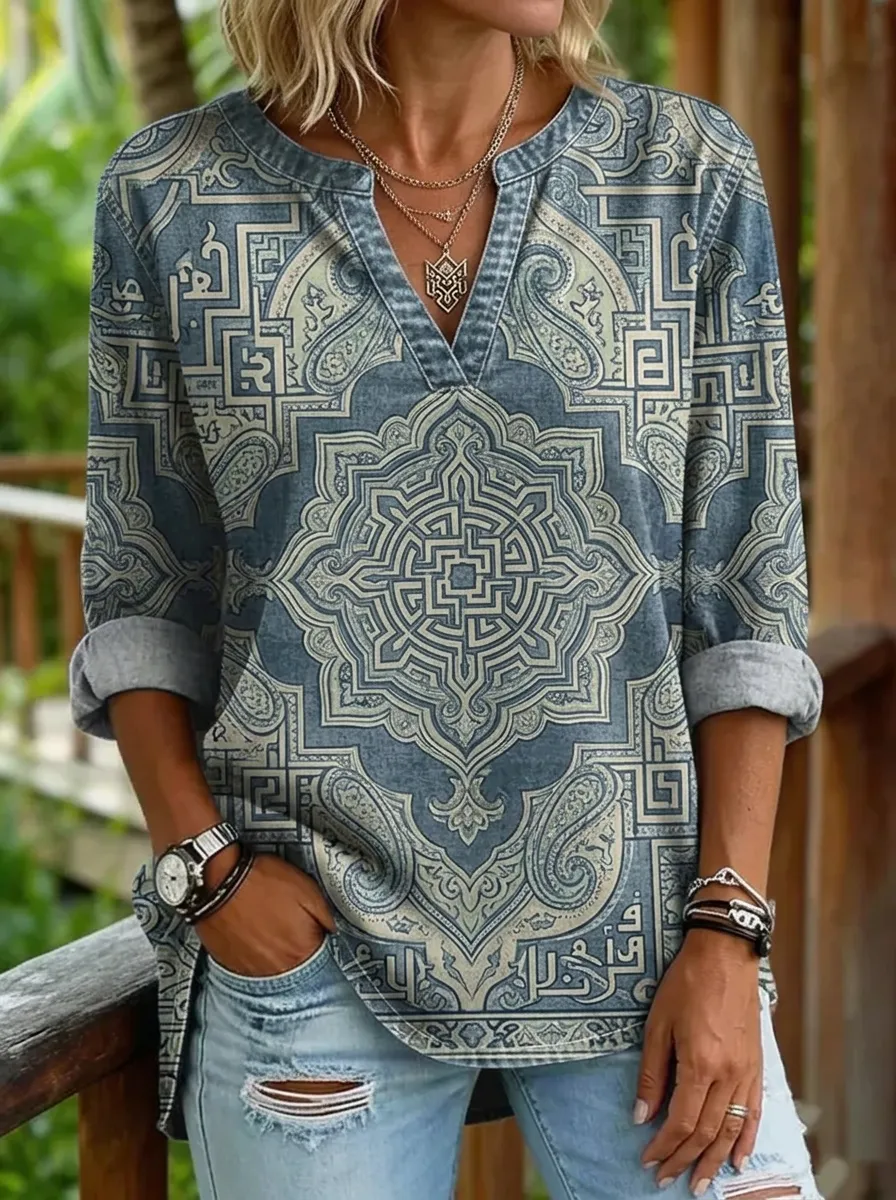 Women's Nashville Boho Paisley Mandala Printed V-neck Top