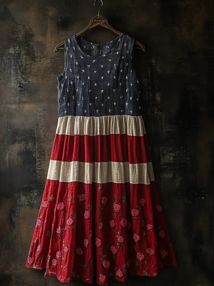 Vintage Flag Inspired Rose Embroidered Linen Tank Dress